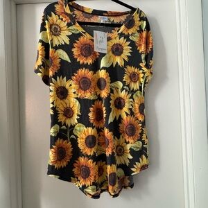 LuLaRoe Iris Black and Yellow Sunflower Print Top